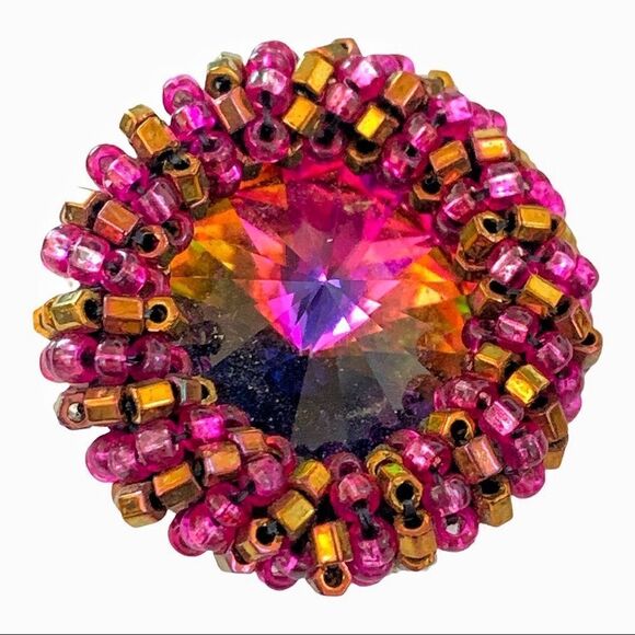 Swarovski watermelon rivoli artisan hand beaded hot pink gold pierced earrings - Picture 1 of 7